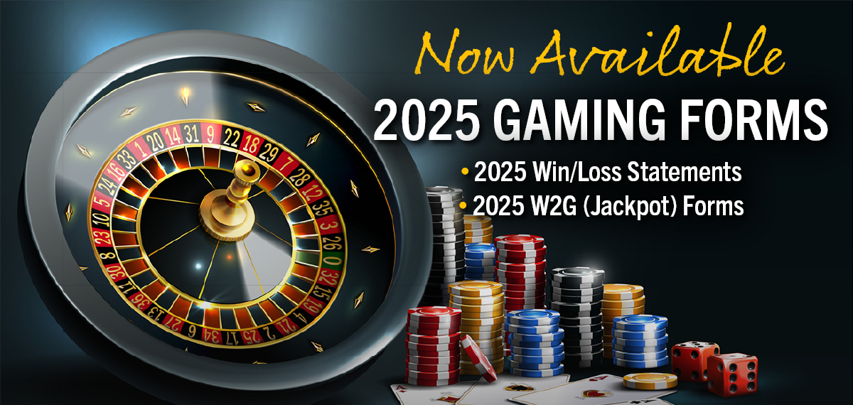 2025 Gaming Forms now available with roulette wheel, chips and cards
