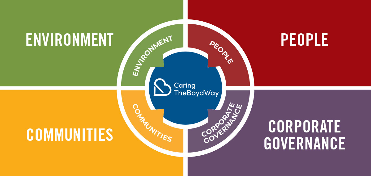 the 4 pillars of Caring the Boyd Way with a circle split into sections with 5 colors
