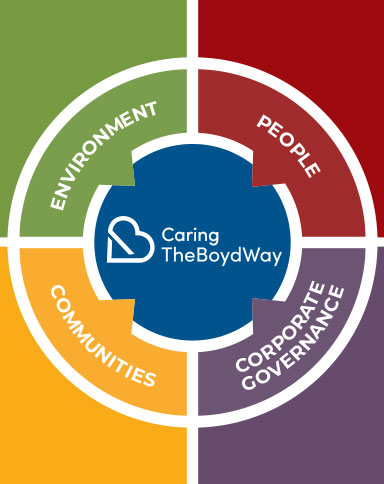 the 4 pillars of Caring the Boyd Way with a circle split into sections with 5 colors