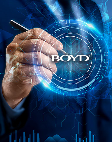 man holding pen with electronic effects and the Boyd logo