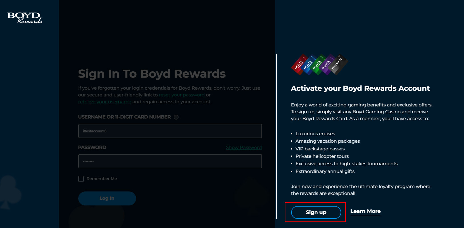 boyd rewards sign up screen