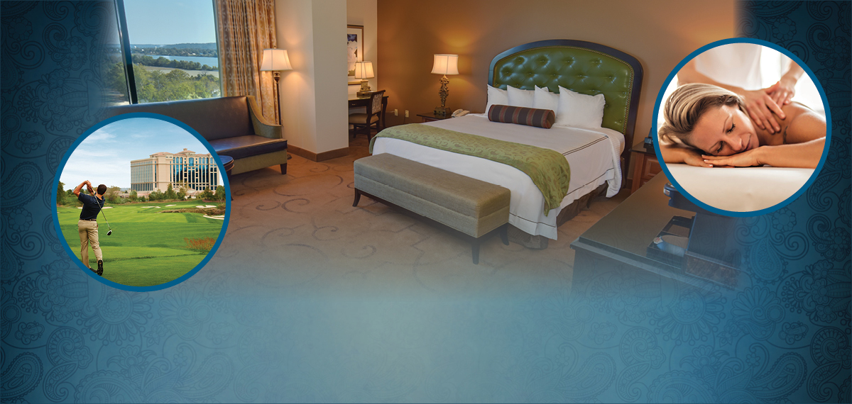 Hotel room with a large bed and two inset images showing a massage and golfing.
