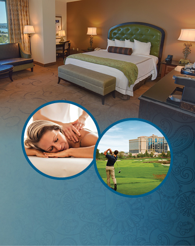 Hotel room with a large bed and two inset images showing a massage and golfing.