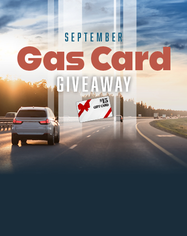 September Gas Card Giveaway graphic with a highway scene and a $15 gift card.