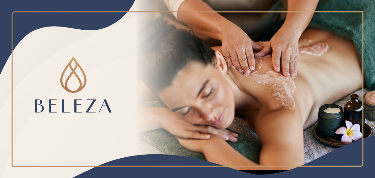 Beleza spa massage treatment with exfoliating scrub, candles, and flower beside a relaxing spa setting, featuring the Beleza logo.