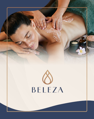 Beleza spa massage treatment with exfoliating scrub, candles, and flower beside a relaxing spa setting, featuring the Beleza logo.