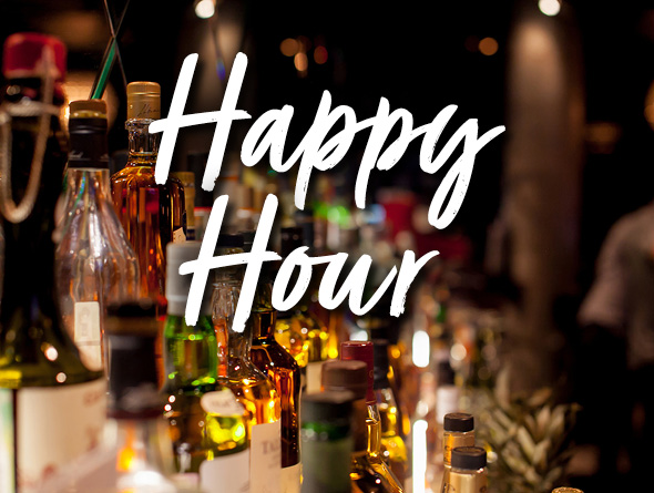 Happy Hour image of bottles of alcohol