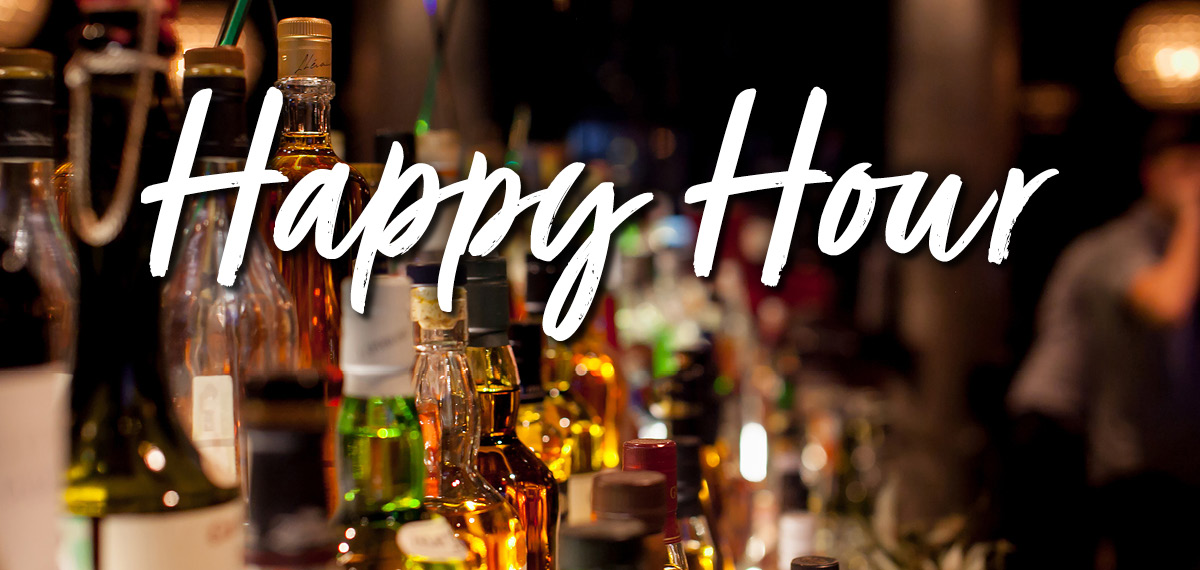 Happy Hour image of bottles of alcohol