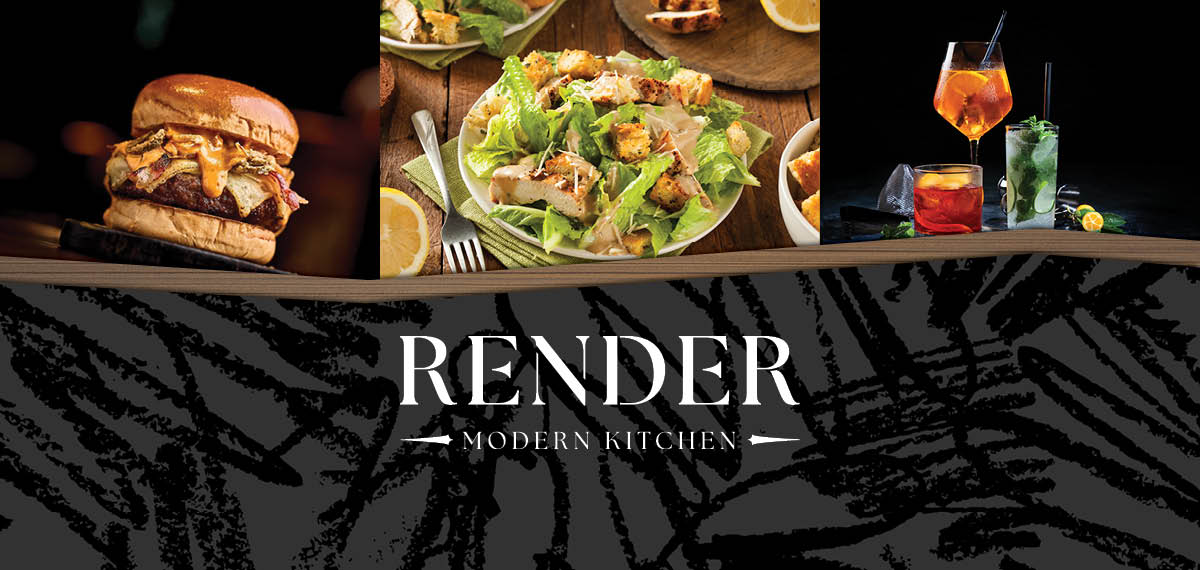render modern kitchen logo with images of food and drinks