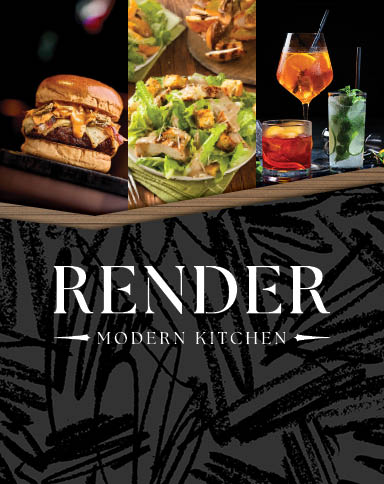 render modern kitchen logo with images of food and drinks