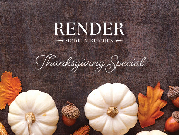 render modern kitchen thanksgiving special with white pumpkins and leaves