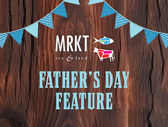 mrkt logo with father's day feature text on wood background with ribbons