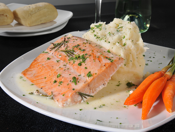 Pan Roasted Salmon Filet with White Wine Herb Sauce, Mashed Potatoes & Baby Carrots