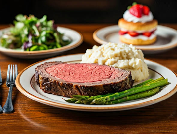 prime rib with vegetables and strawberry shortcake