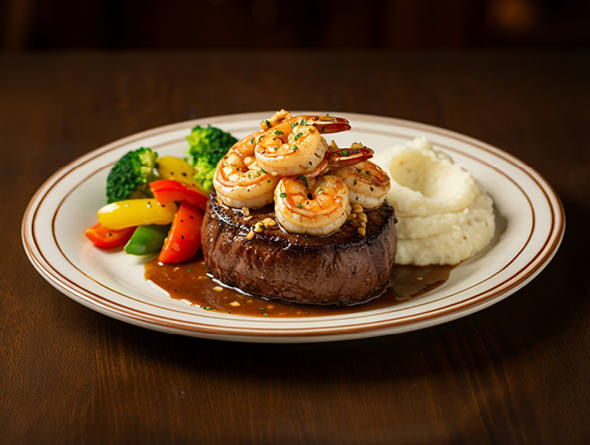 Surf & Turf Dinner - New York Steak, Baja Shrimp, mashed or baked potato and mixed vegetables
