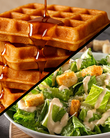 split view of waffles with syrup and a caesars salad