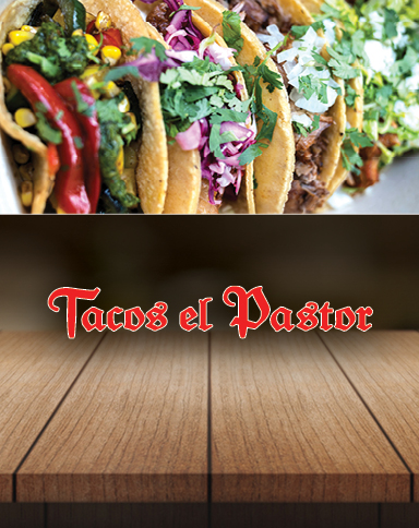 tacos and a wooden background with the Tacos El Pastor logo