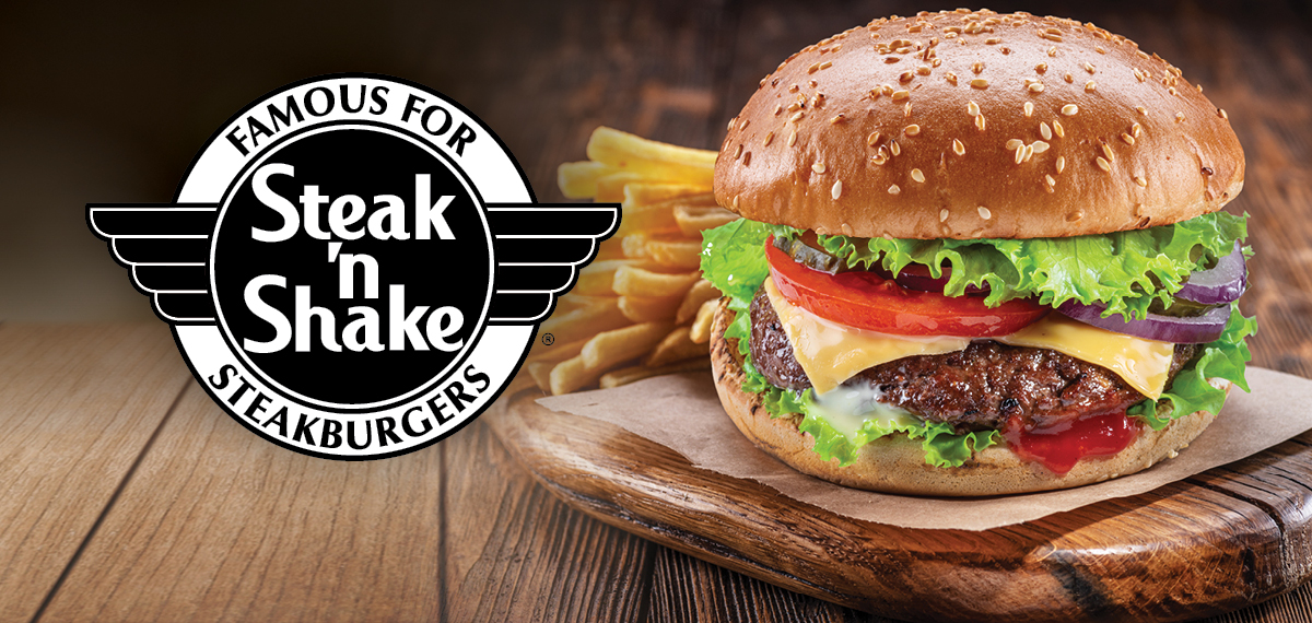 Steak 'n Shake logo over an image of burger and fries