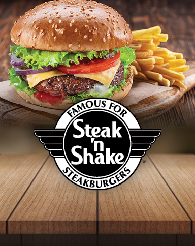 Steak 'n Shake logo over an image of burger and fries