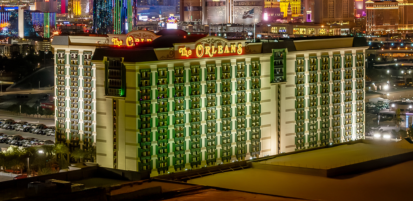 the orleans exterior at night with las vegas boulevard in the background