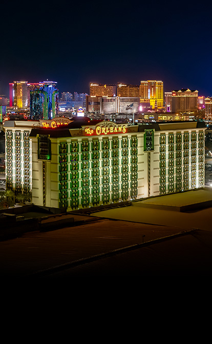 the orleans exterior at night with las vegas boulevard in the background