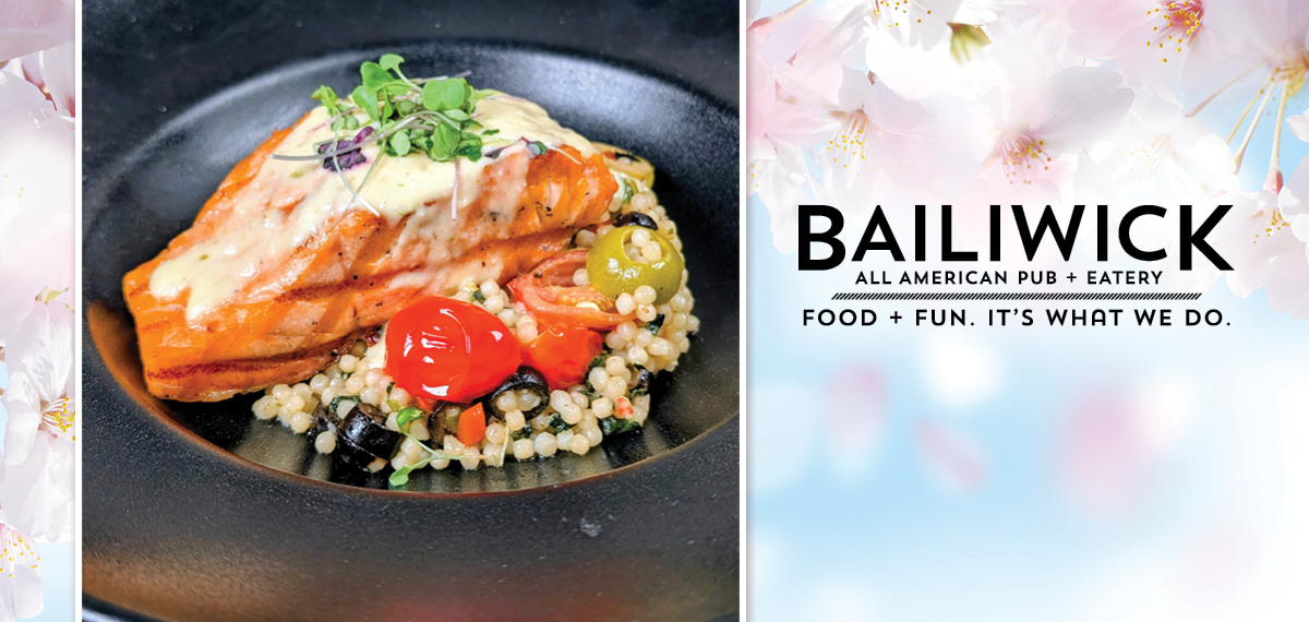 bailiwick logo with food special below it on a spring background