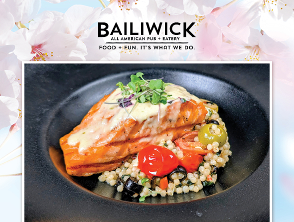 bailiwick logo with food special below it on a spring background