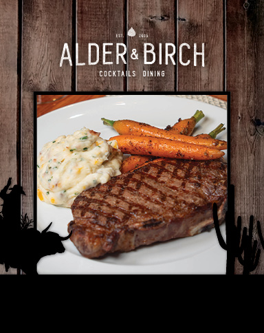alder and birch logo with a wooden background and steak and vegetables