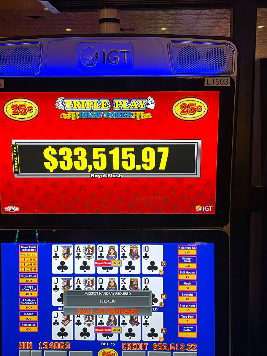 Jackpot Winner Triple Play Poker Progressive $33,516