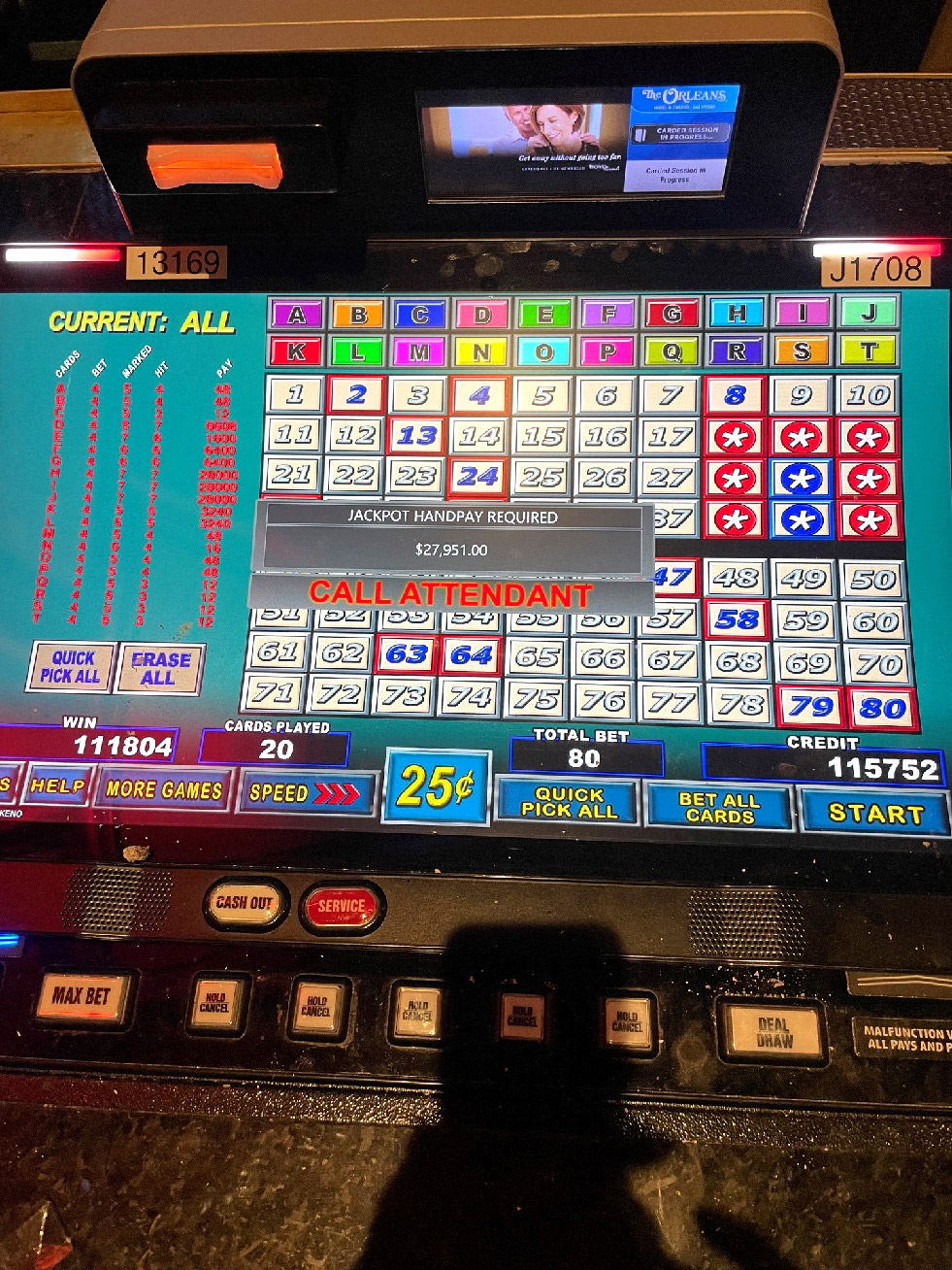 Twenty Card Keno $27,951