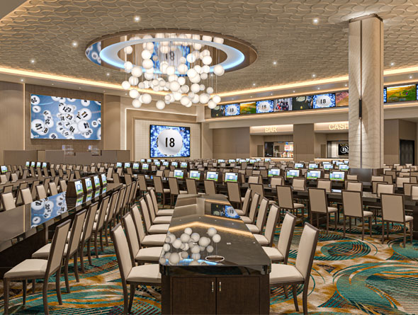 Bingo Room with tables and video monitors