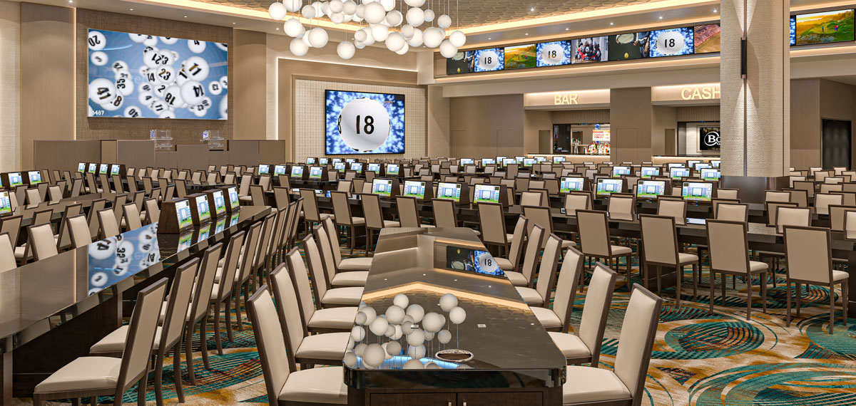 Bingo Room with tables and video monitors