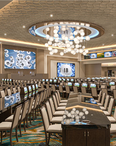Bingo Room with tables and video monitors
