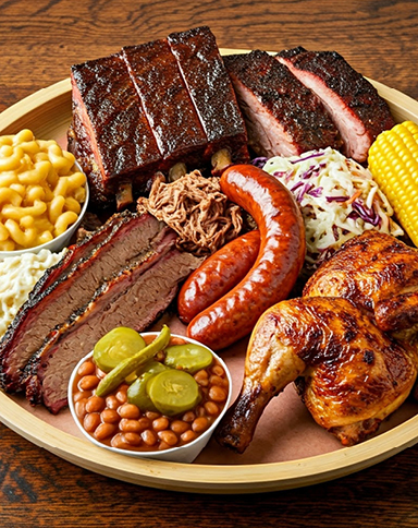 variety of barbecued meats and baked beans