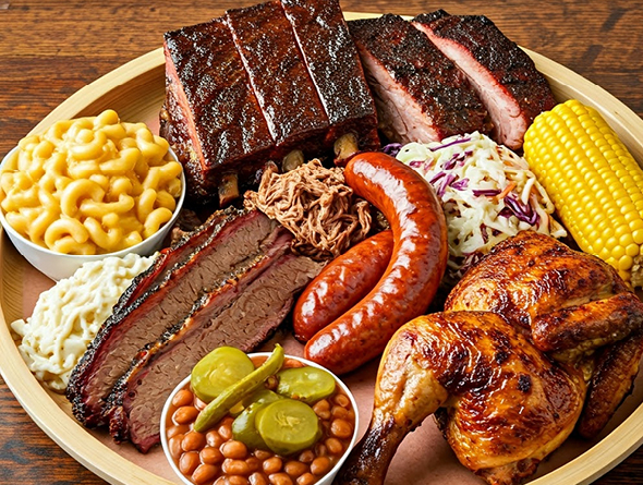 variety of barbecued meats and baked beans