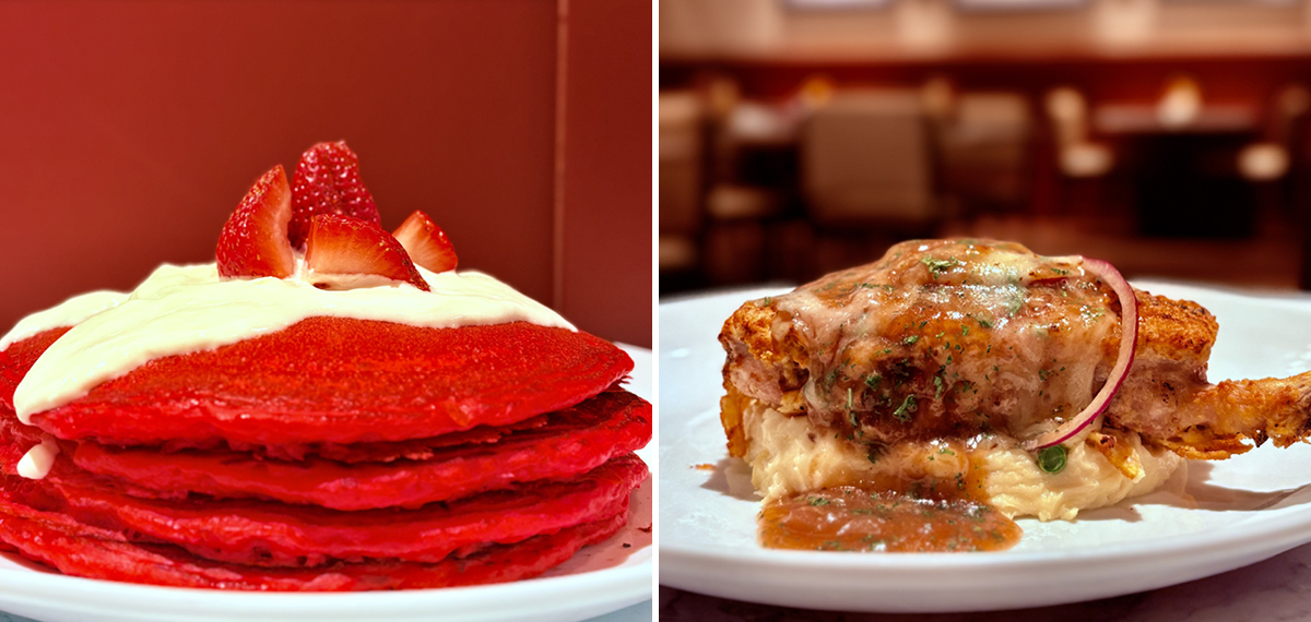 Red Velvet Pancakes and French Onion Pork Chops