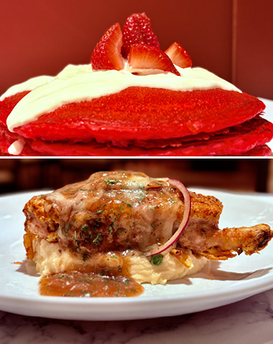 Red Velvet Pancakes and French Onion Pork Chops