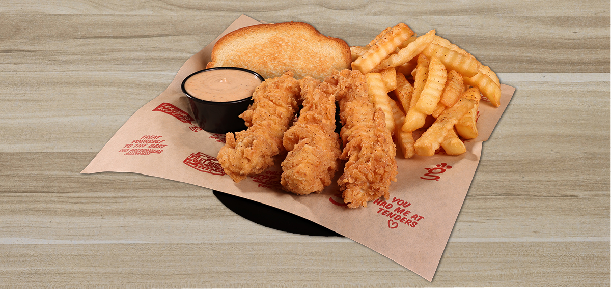 3-Piece Chicken Tender meal with sauce, fries, coleslaw, and texas toast
