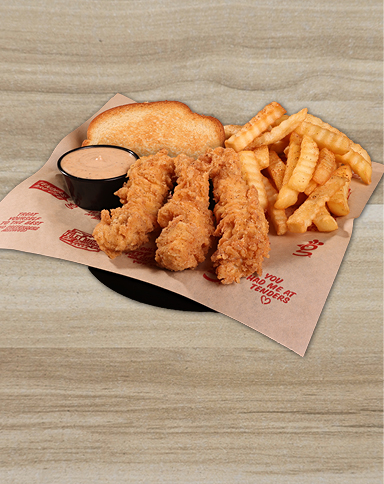3-Piece Chicken Tender meal with sauce, fries, coleslaw, and texas toast