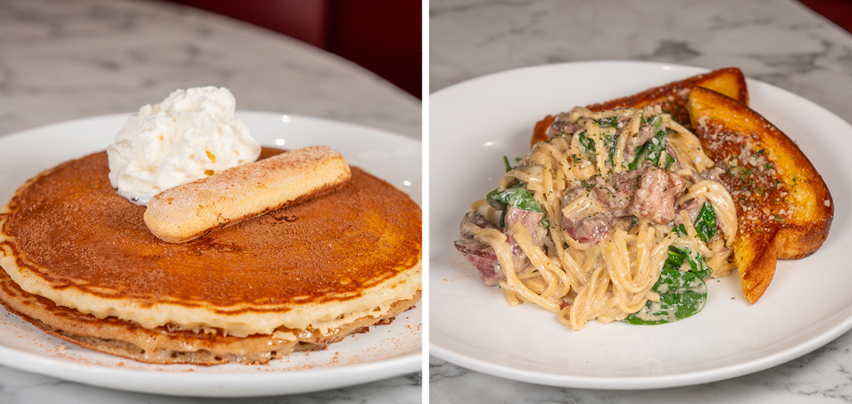 Steak Alfredo and Tiramisu Pancakes