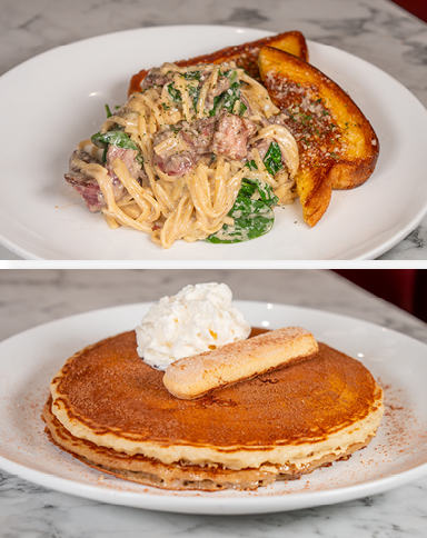 Steak Alfredo and Tiramisu Pancakes