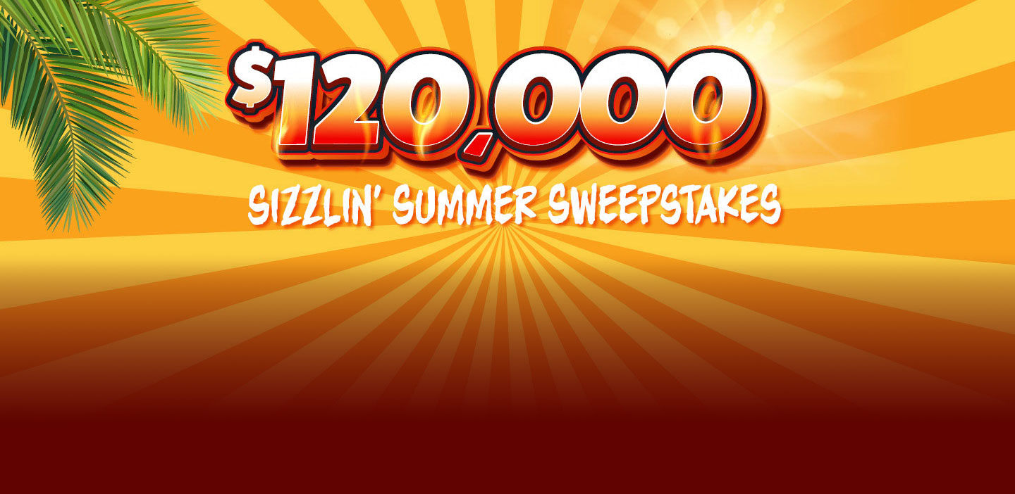 120k sizzlin summer sweepstakes logo with burst background and palm leaves