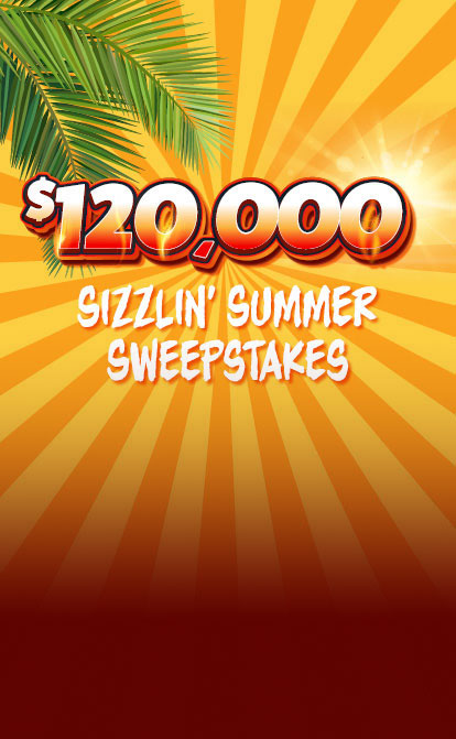 120k sizzlin summer sweepstakes logo with burst background and palm leaves