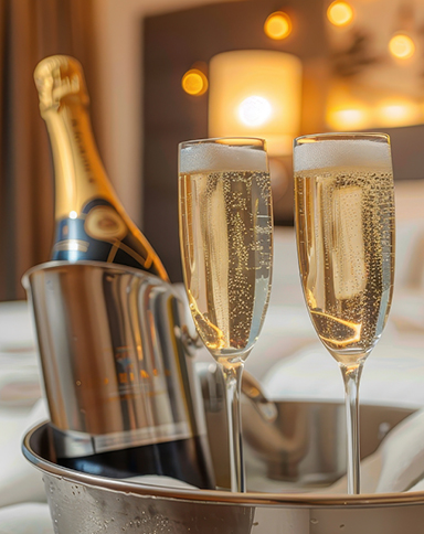two glasses of champagne on a hotel bed