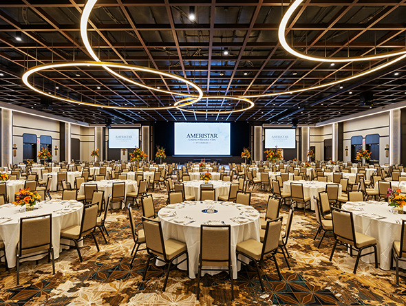 brilliance ballroom with tables and screens