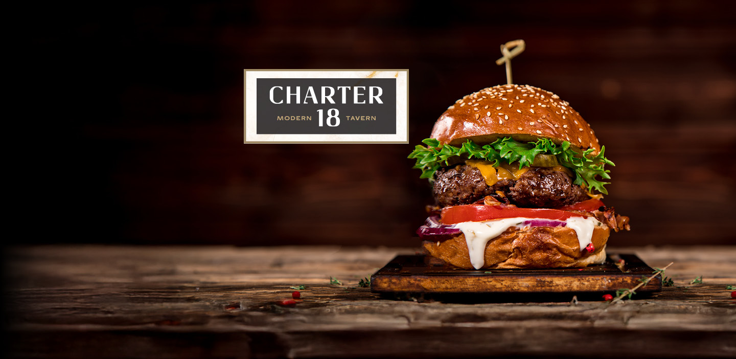 charter 18 modern tavern logo with burger