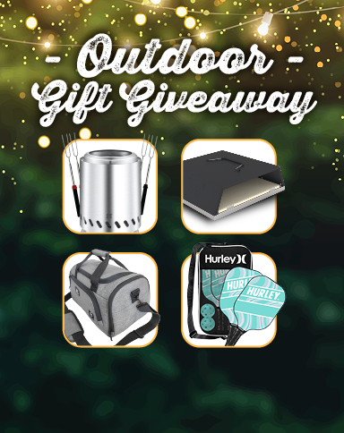 Outdoor Gift Giveaway graphic with a green glowing background and four prizes: a portable fire pit, outdoor griddle, gray cooler bag, and Hurley paddle set.