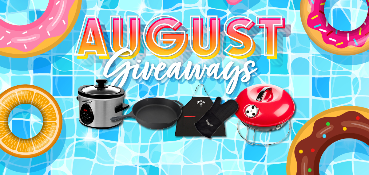 August Giveaways graphic featuring a rice cooker, skillet, grill, oven mitt, and apron on a pool-themed background.