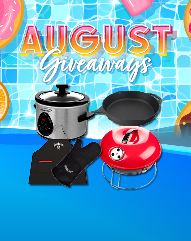 August Giveaways graphic featuring a rice cooker, skillet, grill, oven mitt, and apron on a pool-themed background.