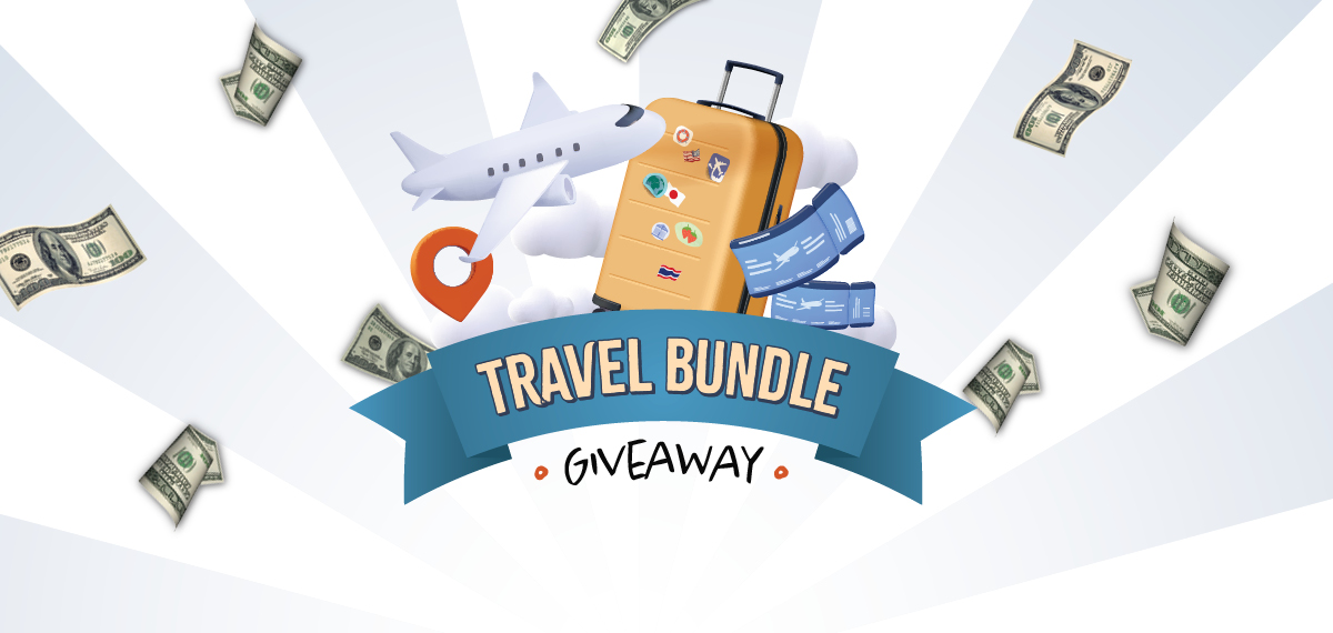 Travel Bundle Giveaway with suitcase, airplane, boarding passes, and cash.